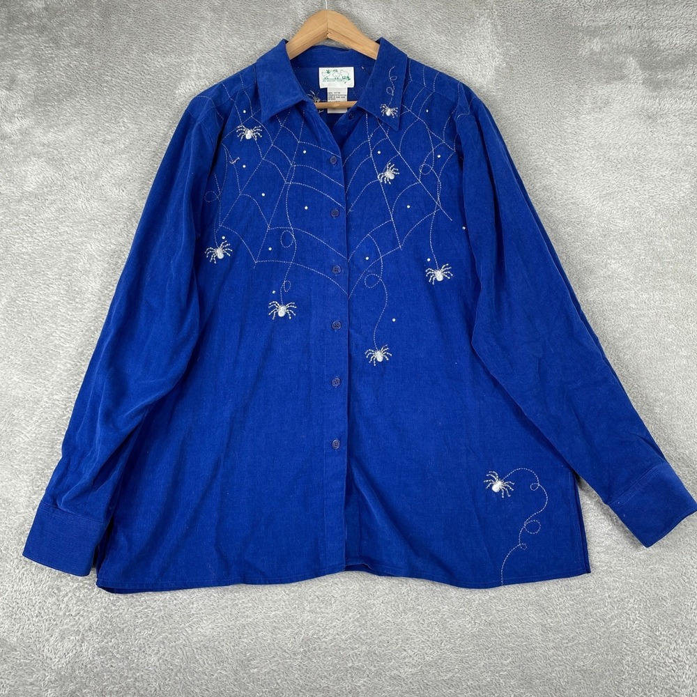 Quacker Factory Halloween Shirt Womens Large Blue Spider Web Beaded Corduroy
